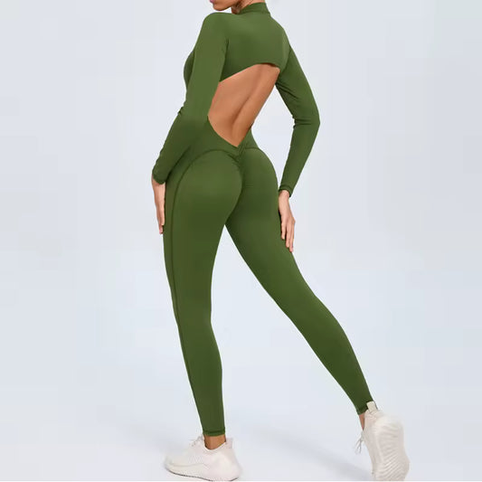 Hearuisavy V Back Sports Jumpsuit Yoga Clothes Rompers Women Long Sleeveles Workout Bodysuits Backless One-piece Suit Female