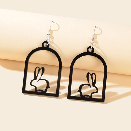 Black Acrylic Cage Easter Rabbit Bunny Dangle Earrings Funny Pet Jewellery Gift